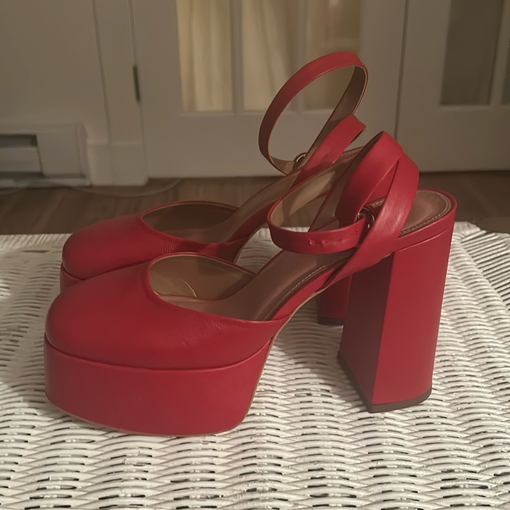 Maeve Red Platform Heels With Ankle Wrap Buckle